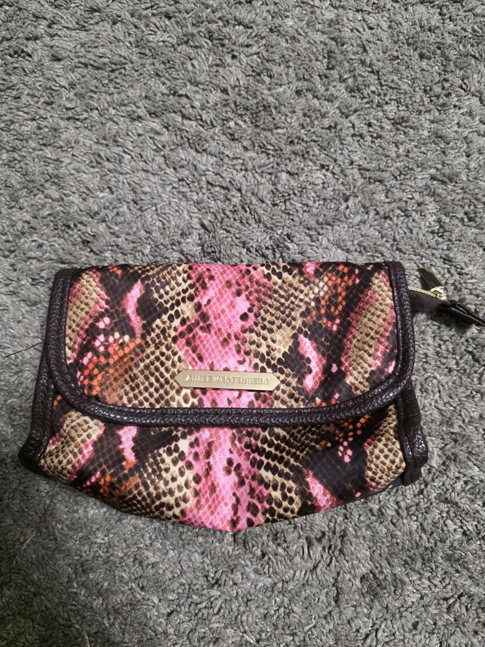 Aimee Kestenberg Pink and Brown Snake-Print Wristlet Clutch